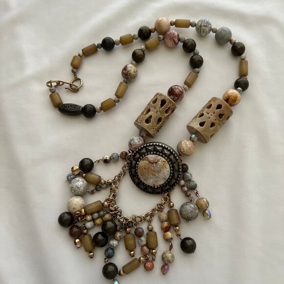 Genuine Gemstone Jasper Mixed Beaded Statement Costume Artisan Estate Necklace - Picture 10 of 12